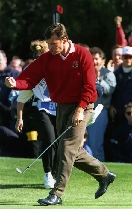 Framed Print : Ryder Cup Europe v USA The Belfry September 1993 Nick Faldo celebrating Framed Print : Ryder Cup Europe v USA The Belfry September 1993 Nick Faldo celebrating
