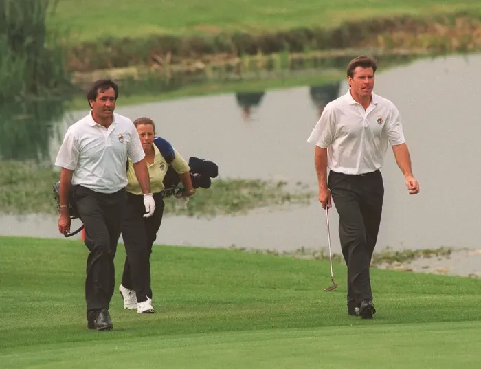Framed Print : Ryder Cup Europe v USA September 1993 Nick Faldo golfer walks with his partner in