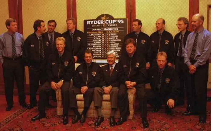 Framed Print : Ryder Cup Golf team line up for photograph before leaving Heathrow airport for New York