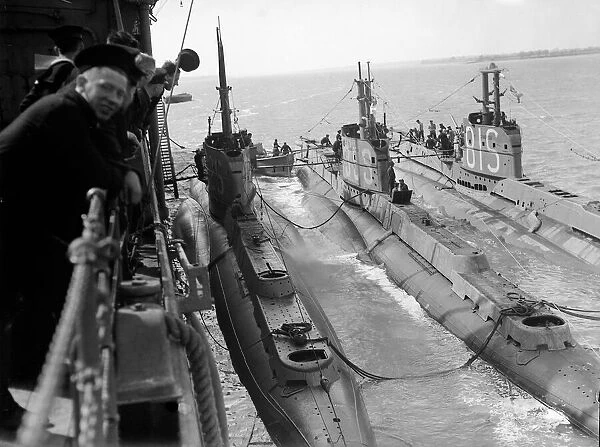 S Class submarines of the Royal Navy tied up alongside a depot ship