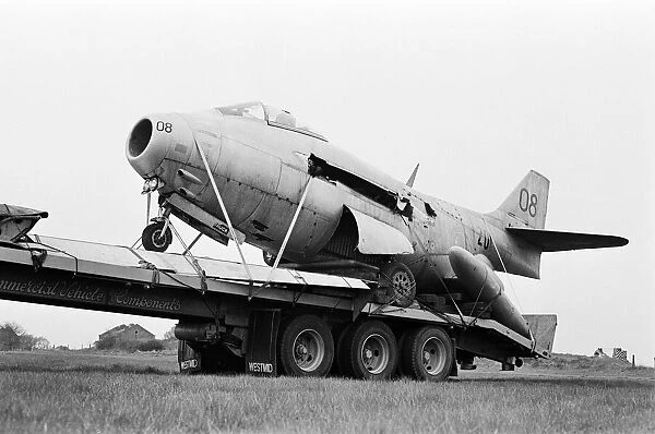 A Saab J29 'Flying Barrel'jet aircraft arrives at its new home at Coventry
