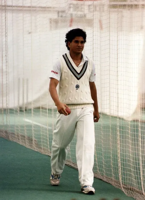 Framed Print : Sachin Tendulkar cricket player stands in whites in practice nets Circa July 1992