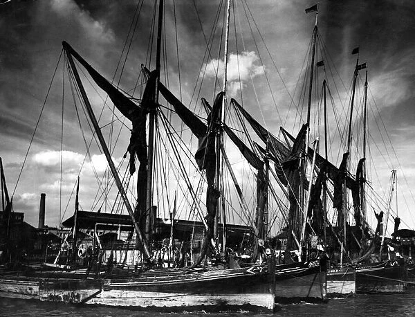 Sailing barge anchorage in the Port of London Wharf August 1930