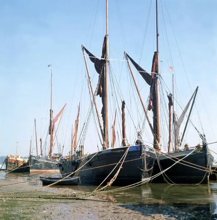 Framed Print : Sailing Barges moored on the River Thames. September 1973