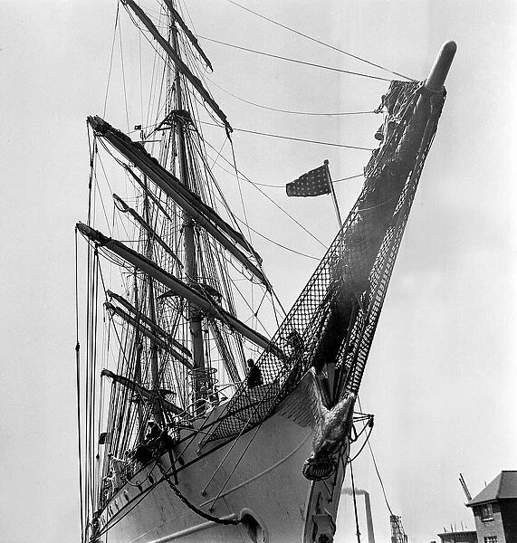 The US sailing ship SS Eagle arriving at Greenwich on the River Thames Circa 1955