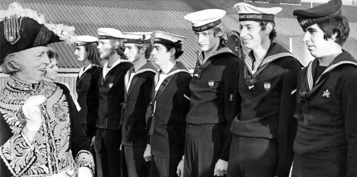 Framed Print : Sailors on board the Nato ship HMS Abdiel were being inspected by actor John Reed who is Framed Print : Sailors on board the Nato ship HMS Abdiel were being inspected by actor John Reed who is