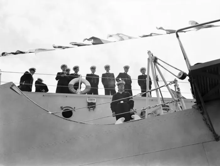 Framed Print : Sailors on deck of Russian Battleship Sverdlov (