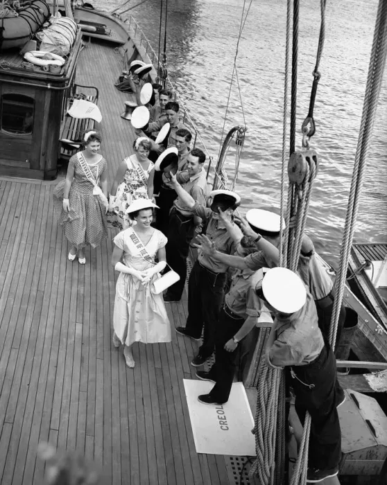 Framed Print : Sailors greet women on the deck of the sailing ship Creole at Dartmouth Framed Print : Sailors greet women on the deck of the sailing ship Creole at Dartmouth