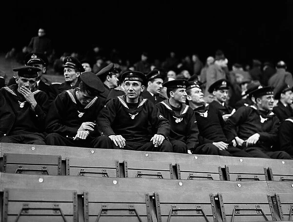 Sailors of the Yugoslavian navy seen here at the Valley ground to watch the match between