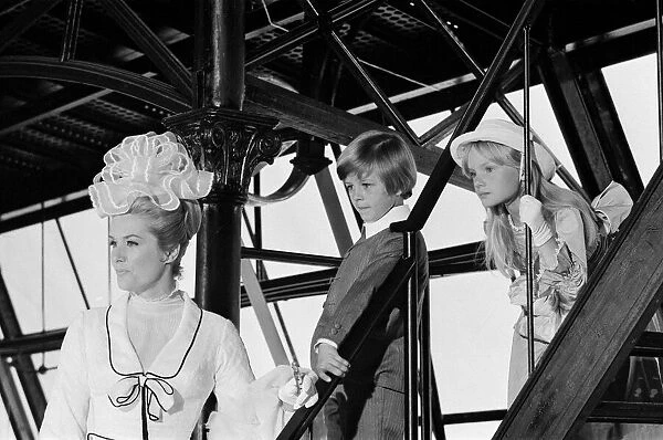 Sally Ann Howes with Adrian Hall and Heather Ripley filming a scene for Chitty Chitty