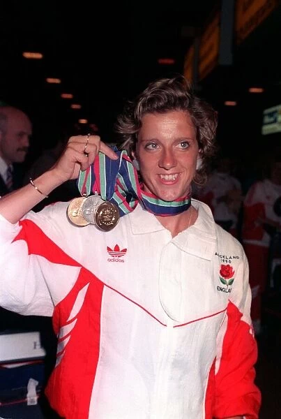 Sally Gunnell with the three medals she won February 1990 in the Commonwealth