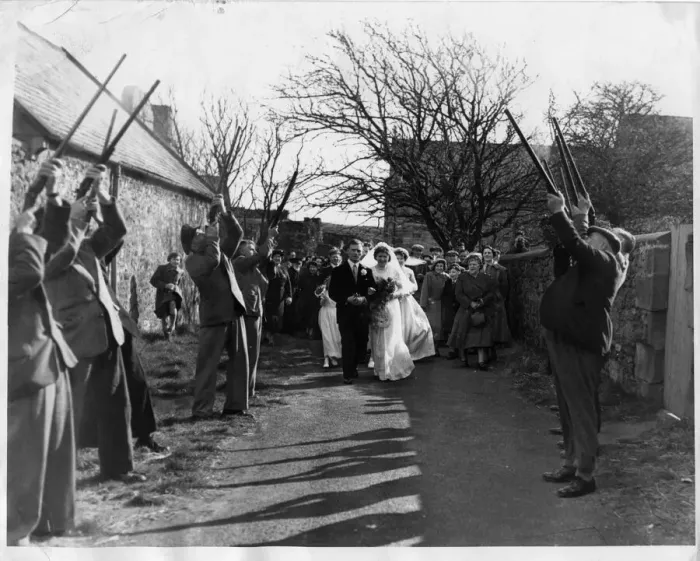 Framed Print : Salute of guns greeting a wedding couple after their marriage at St Framed Print : Salute of guns greeting a wedding couple after their marriage at St