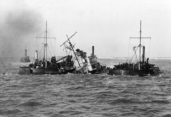 The salvage operation of HMS Gipsy. East coast of Britain, near Harwich, Essex