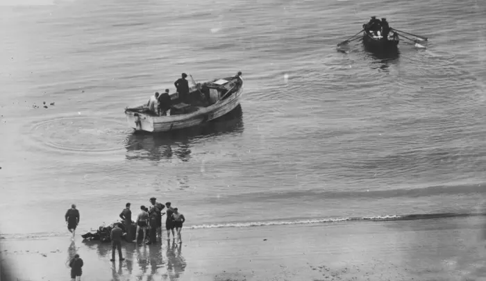 Framed Print : Salvaging parts from the sea, after a batter in the skies. 1st August 1940