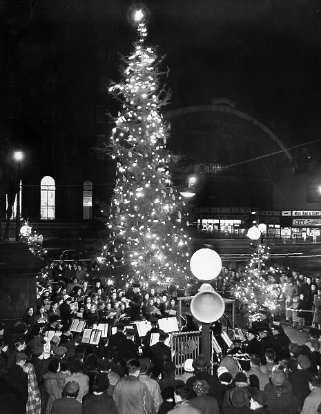 A Salvation Army band leads carol singers under magnificent tree in St George