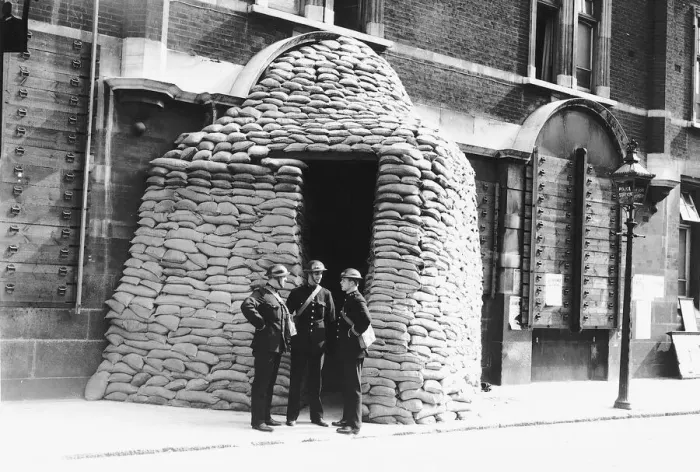 Framed Print : Sandbags Buildings in preparation for bombings at the beginning of the WW2 II Framed Print : Sandbags Buildings in preparation for bombings at the beginning of the WW2 II