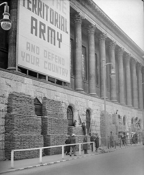 Sandbags being piled up around the Town Hall in Birmingham at the outbreak of the Second