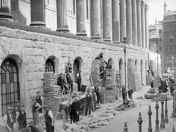 Sandbags being piled up around the Town Hall in Birmingham during the war
