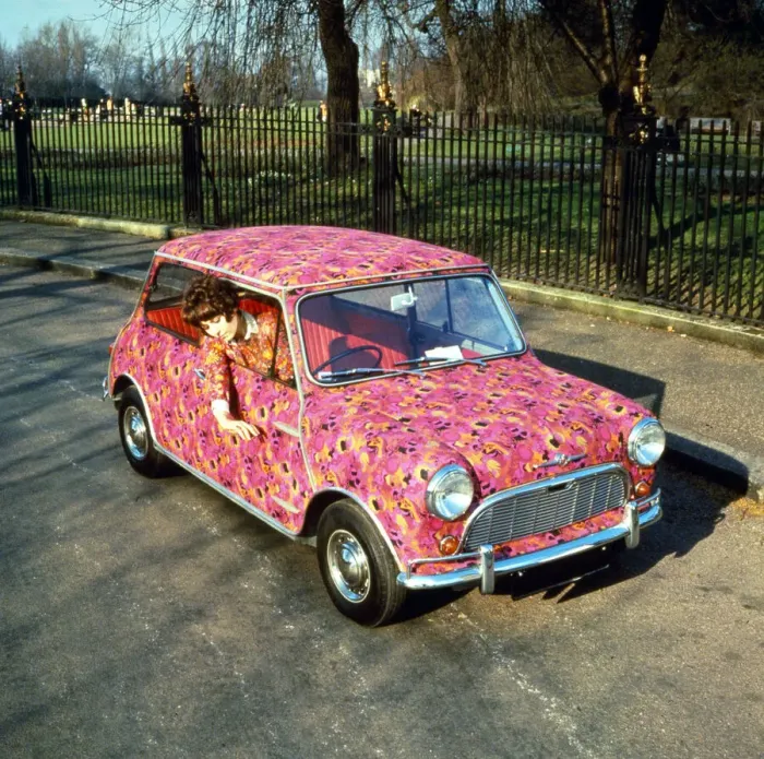 Framed Print : Sandra Ford driving her paisley coloured Mini February 1969 1960s unusual car motor Framed Print : Sandra Ford driving her paisley coloured Mini February 1969 1960s unusual car motor