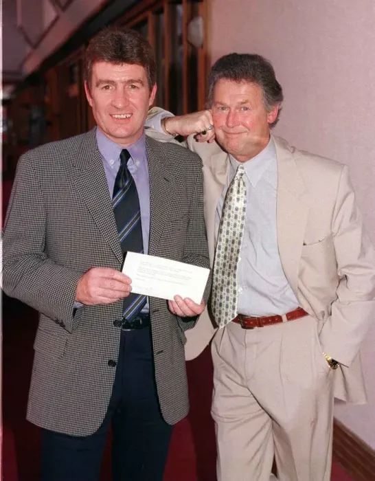 Framed Print : Sandy Jardine with Tony Roper actor December 1997 Former Rangers player Sandy won a day Framed Print : Sandy Jardine with Tony Roper actor December 1997 Former Rangers player Sandy won a day