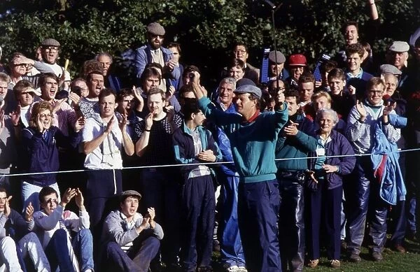 Sandy Lyle raising arms in celebration October 1988