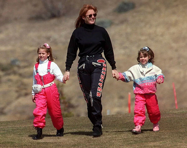 Sarah Ferguson with her children enjoying the Alps. April 1996