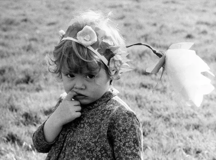 Framed Print : Saskia Webster - March 1972 aged two doesn t look at all sure about her new Framed Print : Saskia Webster - March 1972 aged two doesn t look at all sure about her new