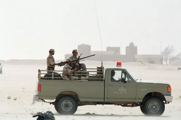 Framed Print : Saudi Arabian Patrol at border with Kuwait, September 1990 Framed Print : Saudi Arabian Patrol at border with Kuwait, September 1990