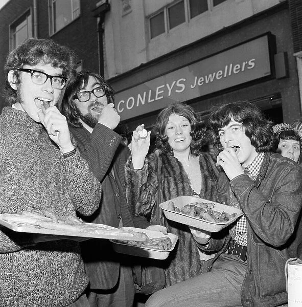 Sausage eating record, Linthorpe Road, Middlesbrough. 1971