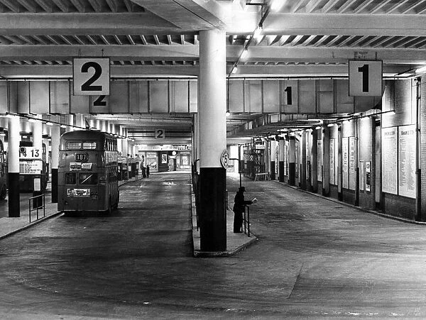 The scene at the Midland Red bus depot in the Bull Ring Centre. 23rd January 1965