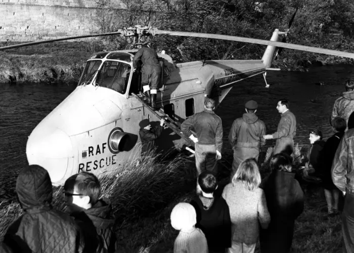Framed Print : The scene at Rothbury after a RAF search and rescue Westland Whirlwind helicopter made a Framed Print : The scene at Rothbury after a RAF search and rescue Westland Whirlwind helicopter made a