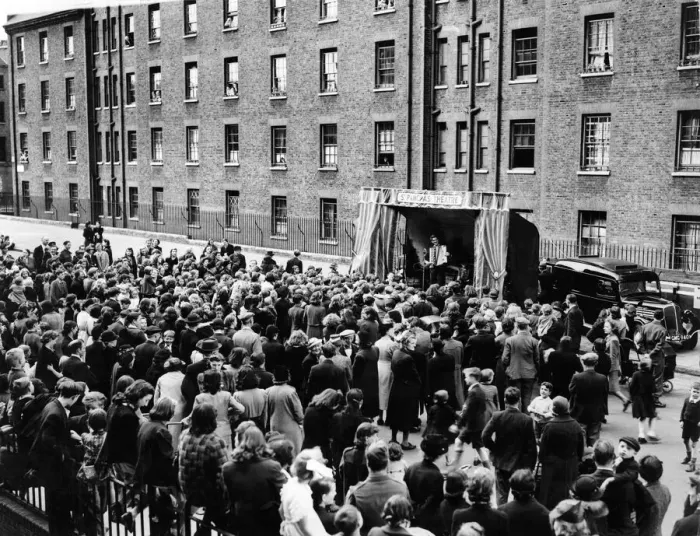 Framed Print : Scene in Wenington Street. St. Pancras during the party showing the stage set in this