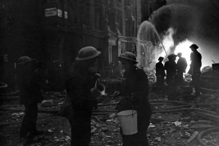 Framed Print : Scenes following a raid at Bolsover Street, London. Circa 1940 Framed Print : Scenes following a raid at Bolsover Street, London. Circa 1940