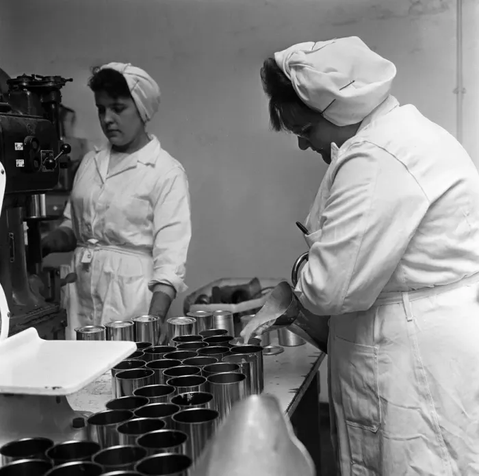 Framed Print : Scenes inside Robinsons Tripe factory in Hull. Tripe and onions is poured into cans