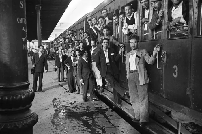 Framed Print : Scenes in Naples, southern Italy showing men arriving at the railway station Framed Print : Scenes in Naples, southern Italy showing men arriving at the railway station
