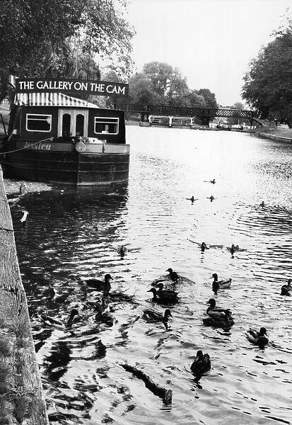Scenes on the River Cam in Cambridge showing a gallery on a boat. Circa 1966