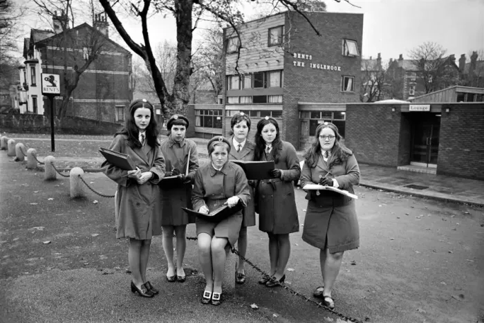Framed Print : School girls near Liverpools Sefton Park out on an urban trip as part of their