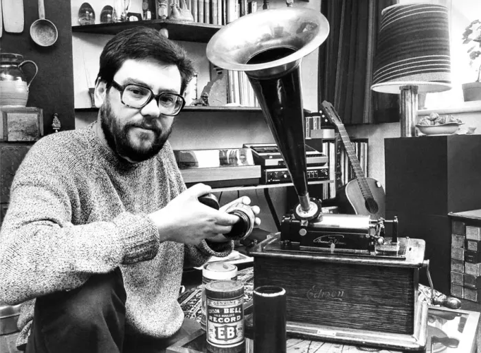 Framed Print : School teacher Ray Stephenson with his record collection in April 1980