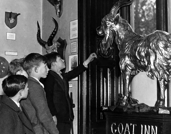 Schoolboys examine the Golden Goat at The Goat Inn, on Bottle Ban, Gateshead