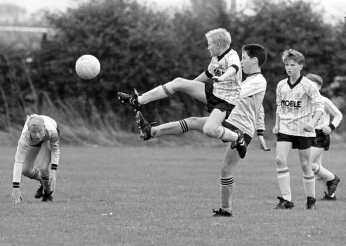 Framed Print : Schoolboys playing football, Whinney Banks V Darlington Spraire, Teesside Juniors