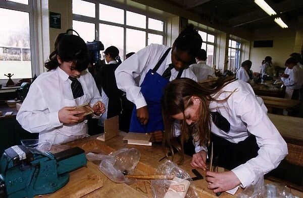 Schoolchildren in a design technology (woodwork) class. April 1997