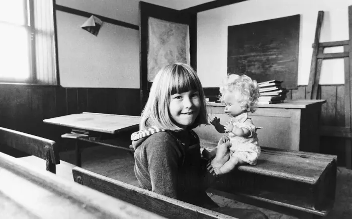 Framed Print : Schools Sarah Maitland only pupil at school on isle of Soay 1978