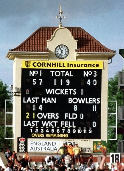 Scoreboard at Edgbaston surrounded by fans showing England beating Australia by nine