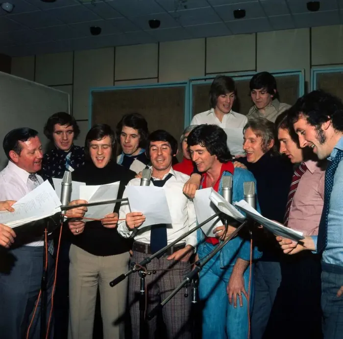 Framed Print : Scotland Football World Cup Squad 1974 Recording song in London for West Framed Print : Scotland Football World Cup Squad 1974 Recording song in London for West