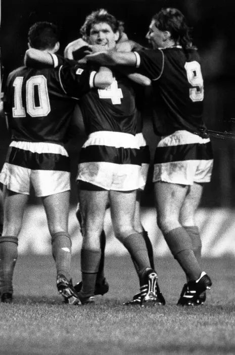 Framed Print : Scotland players celebrating Paul McStay goal October 1987