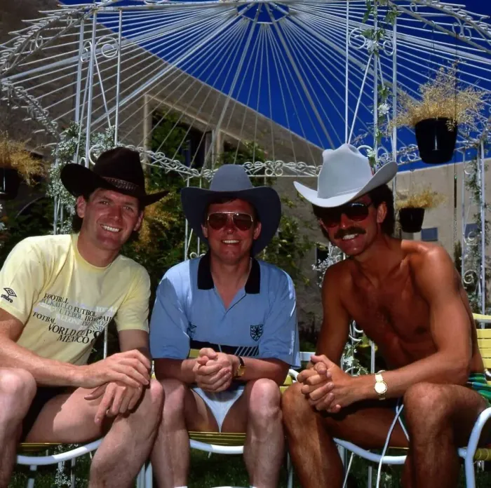 Framed Print : Scotland players Roy Aitken, Graeme Souness and manager Alex Ferguson all wearing cowboy Framed Print : Scotland players Roy Aitken, Graeme Souness and manager Alex Ferguson all wearing cowboy