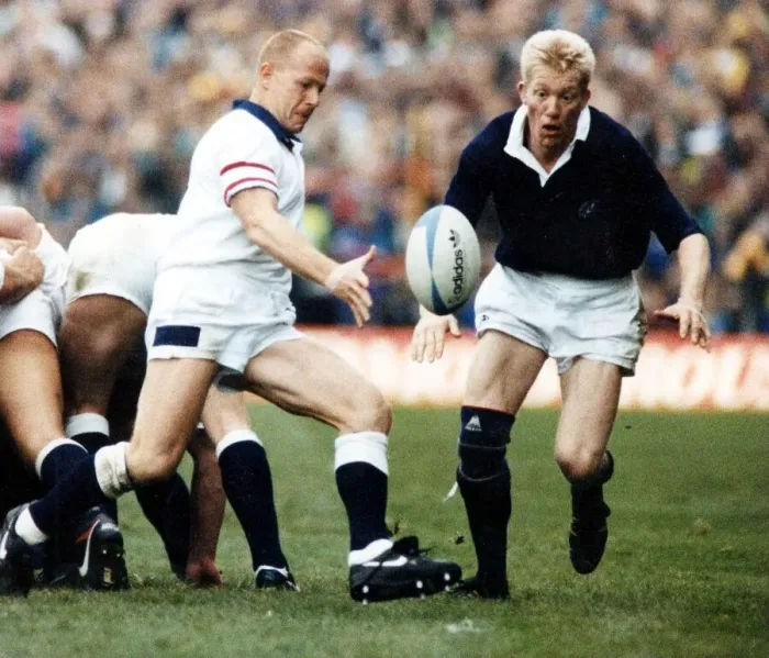 Framed Print : Scotland Rugby player John Jeffrey watches as England scrum half clers the ball from a Framed Print : Scotland Rugby player John Jeffrey watches as England scrum half clers the ball from a