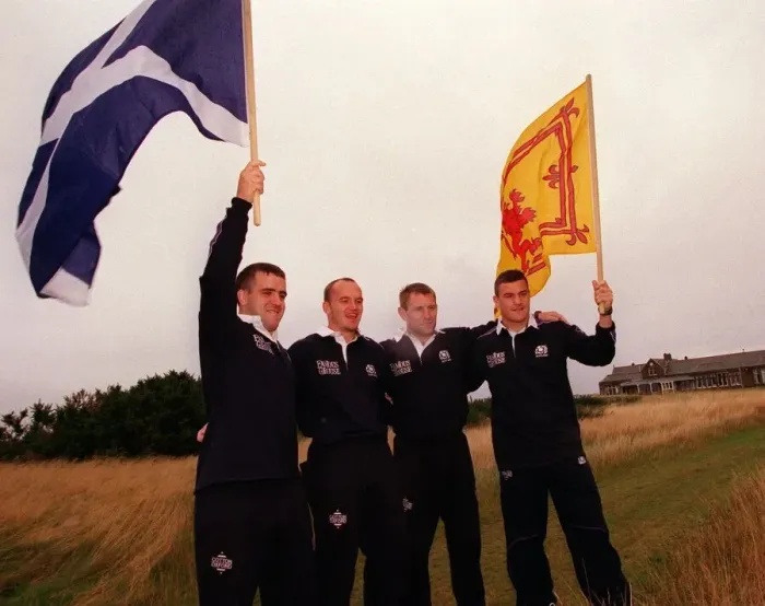 Framed Print : Scotland Rugby players 1st October 1999 four Scots players waves flags in air build Framed Print : Scotland Rugby players 1st October 1999 four Scots players waves flags in air build