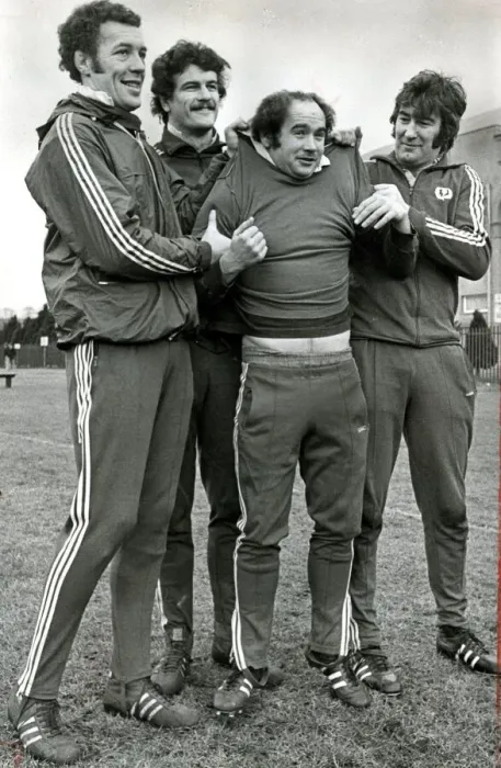 Framed Print : Scotland Rugby training February 1977 Scotland centre Jim Renwick hoisted by Framed Print : Scotland Rugby training February 1977 Scotland centre Jim Renwick hoisted by
