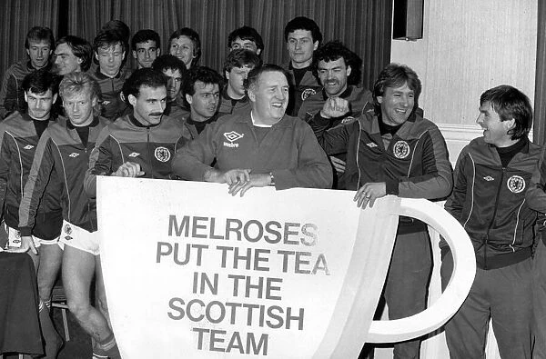 Scotland squad announcing sponsorship deal March 1985